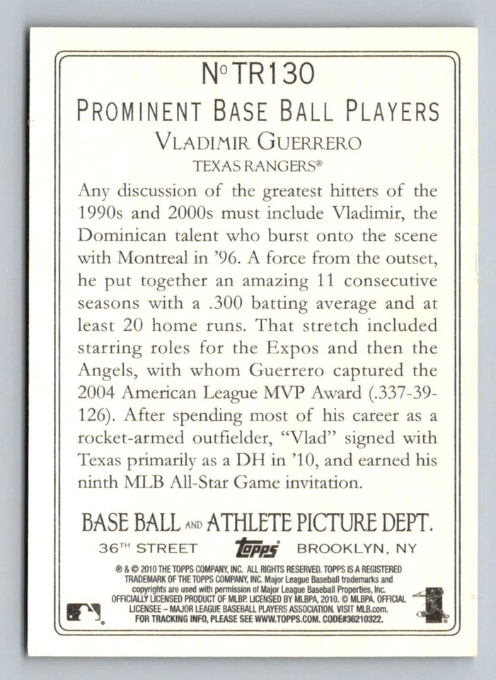 2010 Topps Update #TR130 Vladimir Guerrero Turkey Red Texas Rangers - Image 2 of 2
