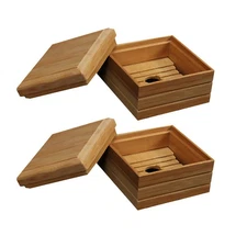 2 Pcs Bamboo Soap Dish Travel Case with Lid Holder Box for Bathroom