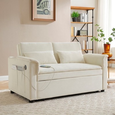 Convertible Sleeper Sofa Bed Loveseat Sofa w/ Pull Out Bed & USB Ports & Pillows