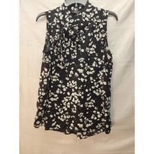 Simply Vera Wang Tunic Womens Med Blk Floral Chiffon Tie Neck Sheer Sleeveless