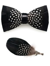 Mens Handmade Feather Pre-tied Bow tie and Brooch Sets black/white 