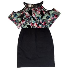 Nicole Miller Floral Beaded Cold Shoulder Dress Size 8 Black Multi Color Party