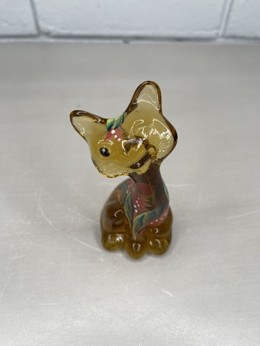 Fenton FAGCA Glass Happy Kitty Cat Amber Floral Hand Painted Martha Reynolds - Picture 5 of 7