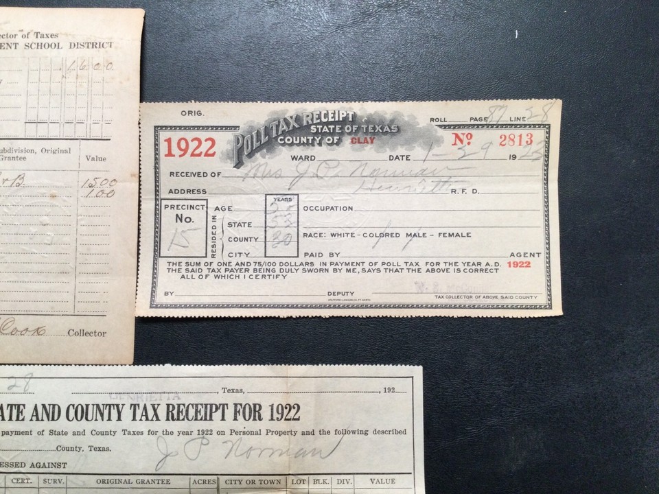 1922 1926 HENRIETTA TEXAS TAX RECEIPTS POLL SCHOOL CITY COUNTY TAXES