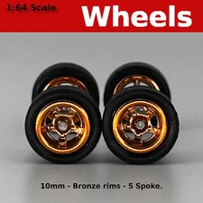 10mm/10mm Bronze rims 5 spoke Blackwall tire set for Hot Wheels