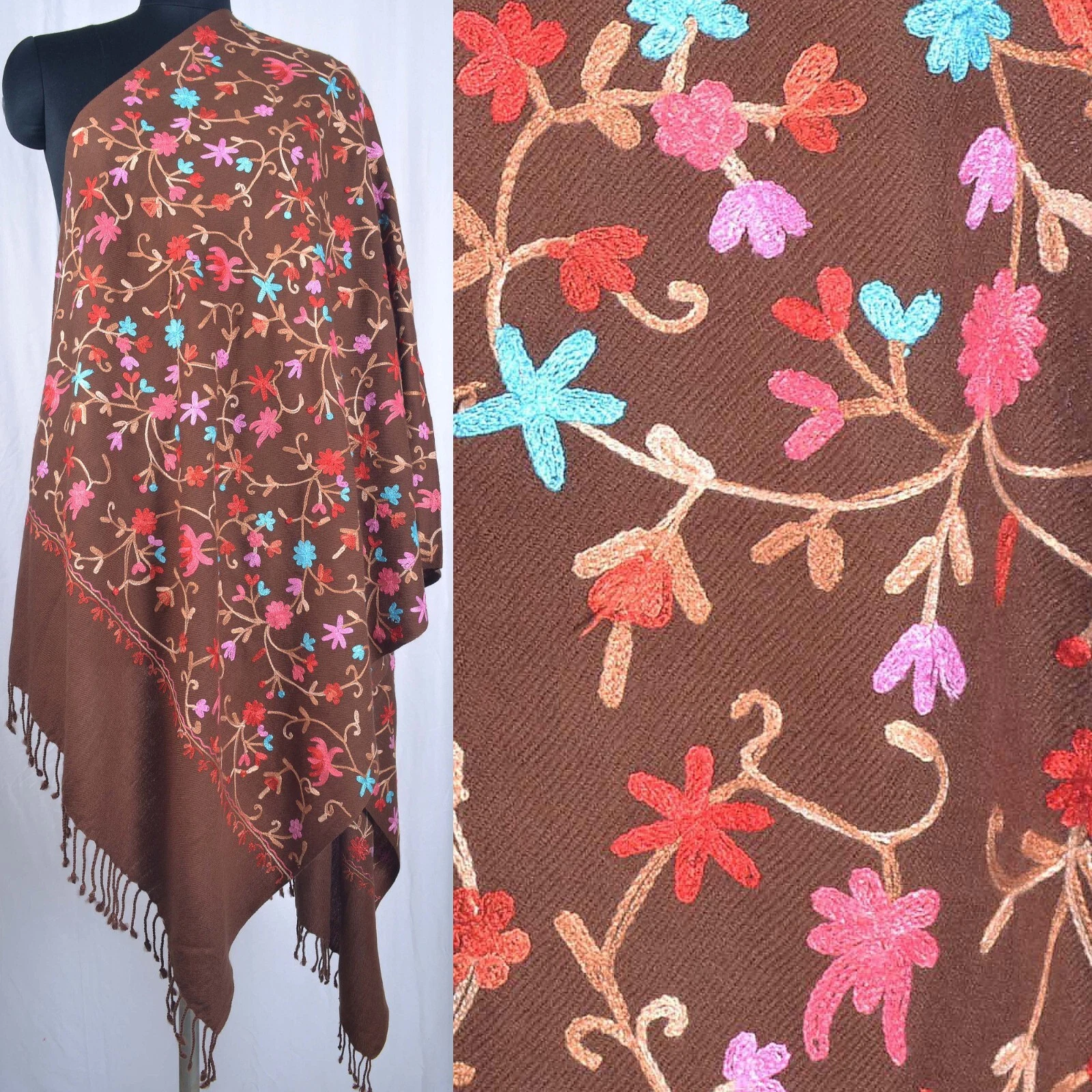 Brown Hand Embroidered Wrap 100% Cashmere Pashmina Scarf Floral Kashmiri Stole