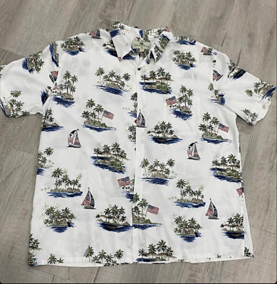 Vintage Hawaiian Men's Shirt Size XL White All Over Print Sail Boats Palms Rayon