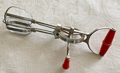 #ad Vintage Hand Egg Beater Super Whirl RED HANDLES Stainless Steel Turner amp; Seymour $14.50