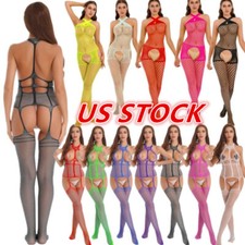 US Womens Hollow Out Fishnet Bodystocking Sleeveless Crotchless Skinny Jumpsuit