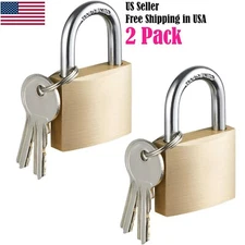 Solid Brass Padlock with Key, Pad Lock 1-1/2 in. Wide Lock Body, Locker (2 Pack)
