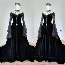 Gothic Lace Wedding Dresses Black Off Shoulder Long Sleeves Satin Bridal Gowns
