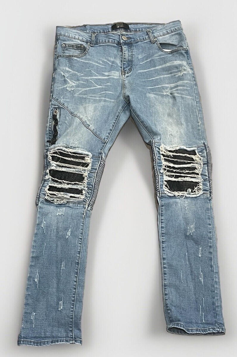 Amiri Mens Denim Jeans Blue Leather Patch Distressed Biker Sz 35 X