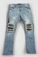 Amiri Mens Denim Jeans Blue Leather Patch Distressed Sz 35 X 32