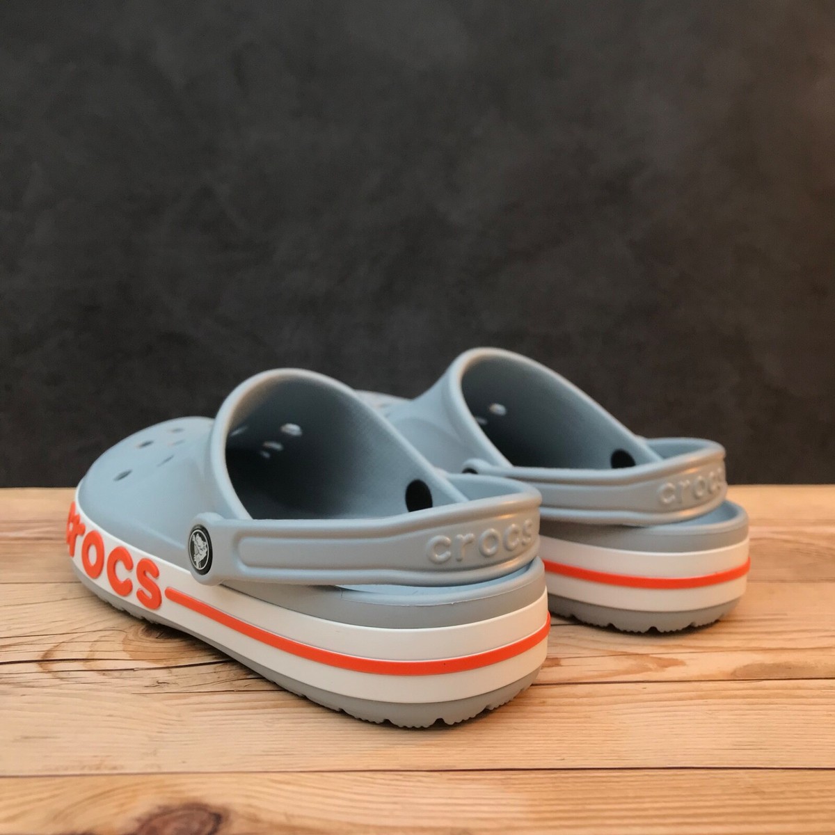 blue grey orange crocs