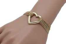 Women Gold Metal Chain Link Multi Strands Bracelet Love Cute Heart Special Charm