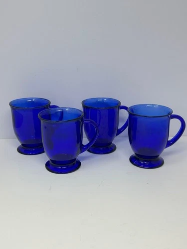 Set of 4 Vintage Anchor Hocking Cobalt Blue Glass Footed Mugs A3