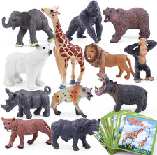 12Pcs Wild Animals Figure Toys with Cards, Plastic Realistic Zoo Jungle Safari F
