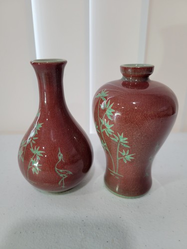 Koreanische Seladon rot/grün Crackle Vase Set Paar Kranich Baum 4,7/8" handbemalt - Bild 2 von 7