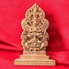 Thailand Thai Carved Teak Wooden Lord Vishnu on Garuda on Rahu Sculpture Coin