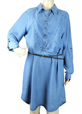 ECI Women L Shirt Dress Tunic Knee Length Denim Belt Blue Long Roll-Up Sleeve