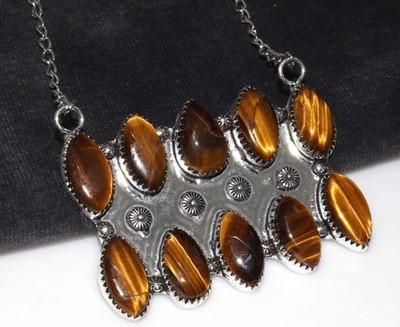 925 Silver Plated Top Quality Cluster Tiger Eye Necklace 18'' Most Beautiful GW