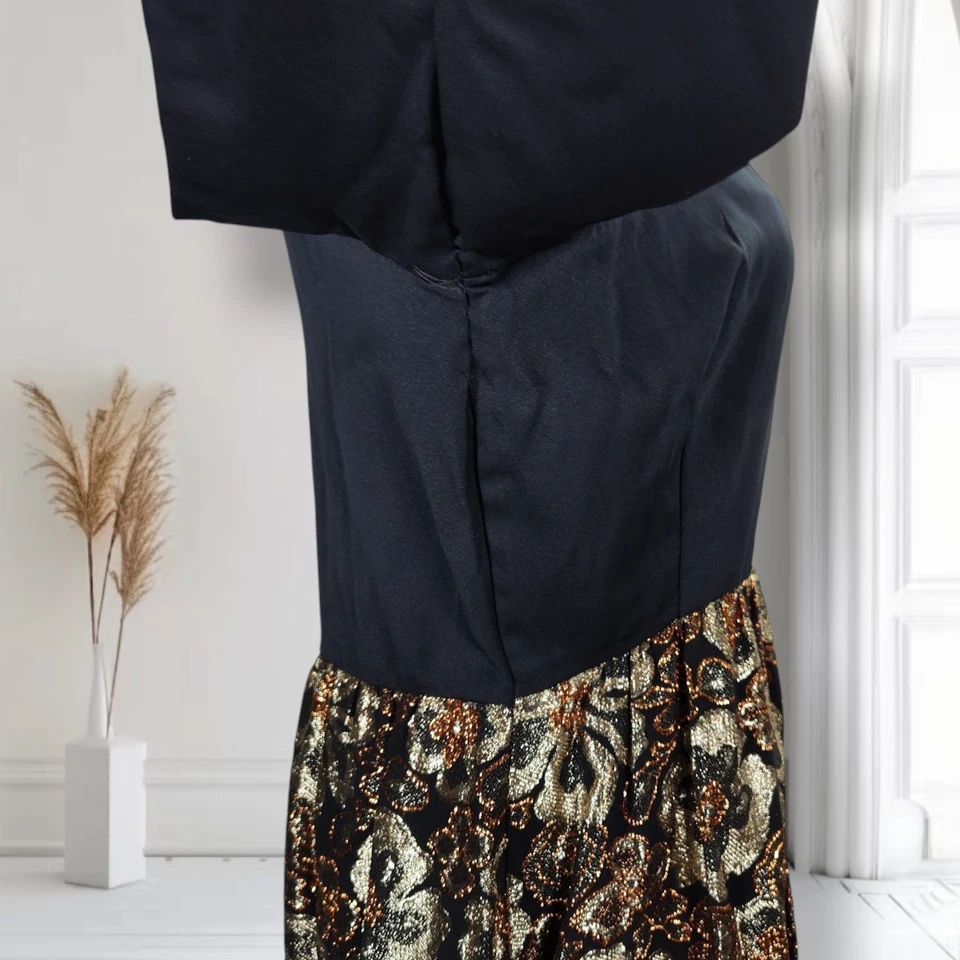 Maxi Vestido Formal Brocado Dorado Vintage Años 60 Talla L Flower Power Manga Larga Foto 4 de 4