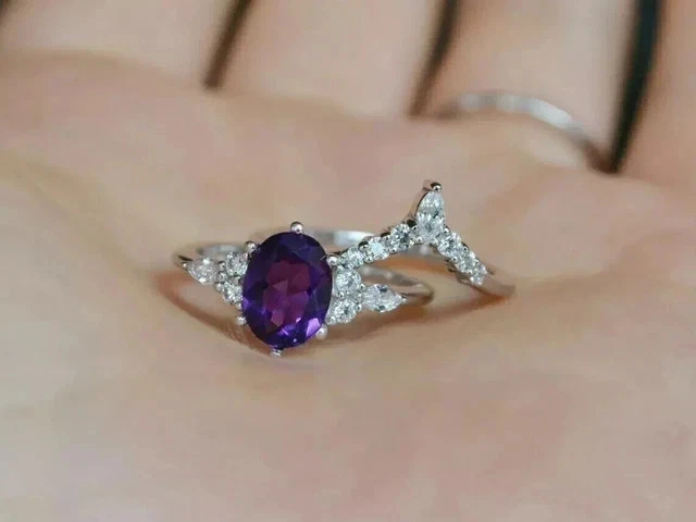 14K White Gold Plated 2Ct Oval Cut Lab Created Amethyst Women's Bridal Ring Set - Image 2 of 4
