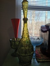 Vintage Green EMPOLI Glass FRUIT BASKET DECANTER  Stopper Genie Bottle ITALY 