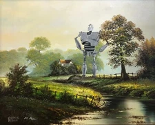Iron Giant Vintage art upcycled Altered thrift store painting poster Mike Morris