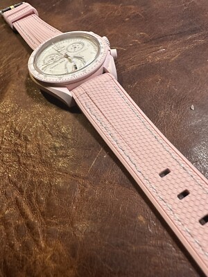 20mm PINK sailcloth vulcanIzed rubber WHITE stitch Swatch Moonswatch Venus