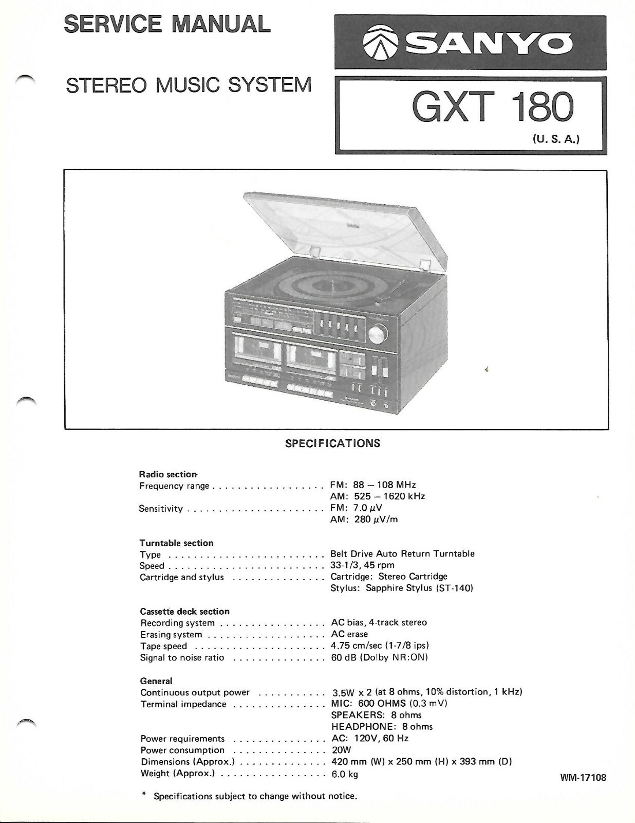SANYO GXT180 STEREO MUSIC SYSTEM FACTORY REPAIR SERVICE MANUAL ENGLISH