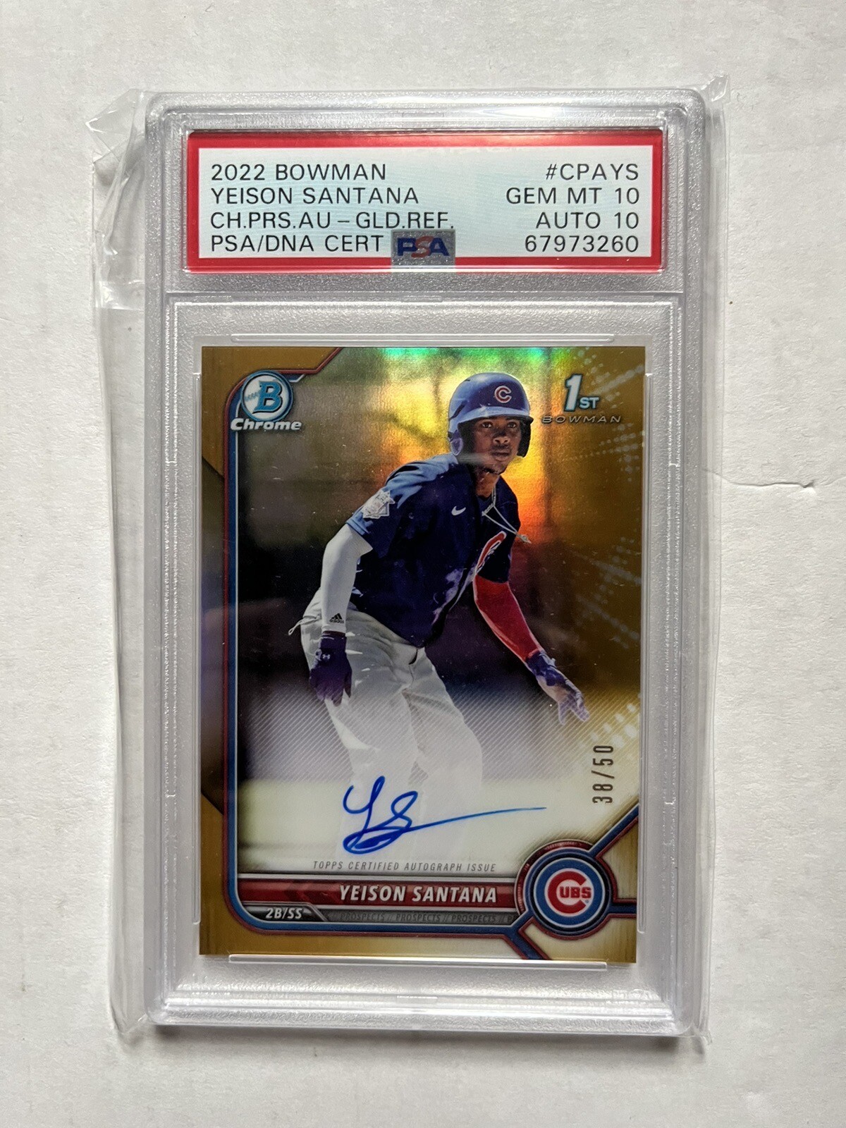 2022 Bowman Chrome Yeison Santana 1st Auto Gold /50 PSA 10/10 RC