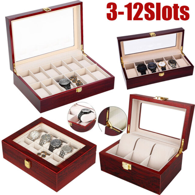 3/6/10/12 Grids Watch Case Jewelry Display Storage Box Wooden Organizer Glass