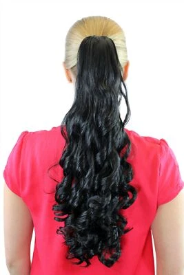 Postiche Tresse Noir Env. 55cm Boucles en Spirale Pince Papillon Sur Queue 250-2 - Photo 1/2