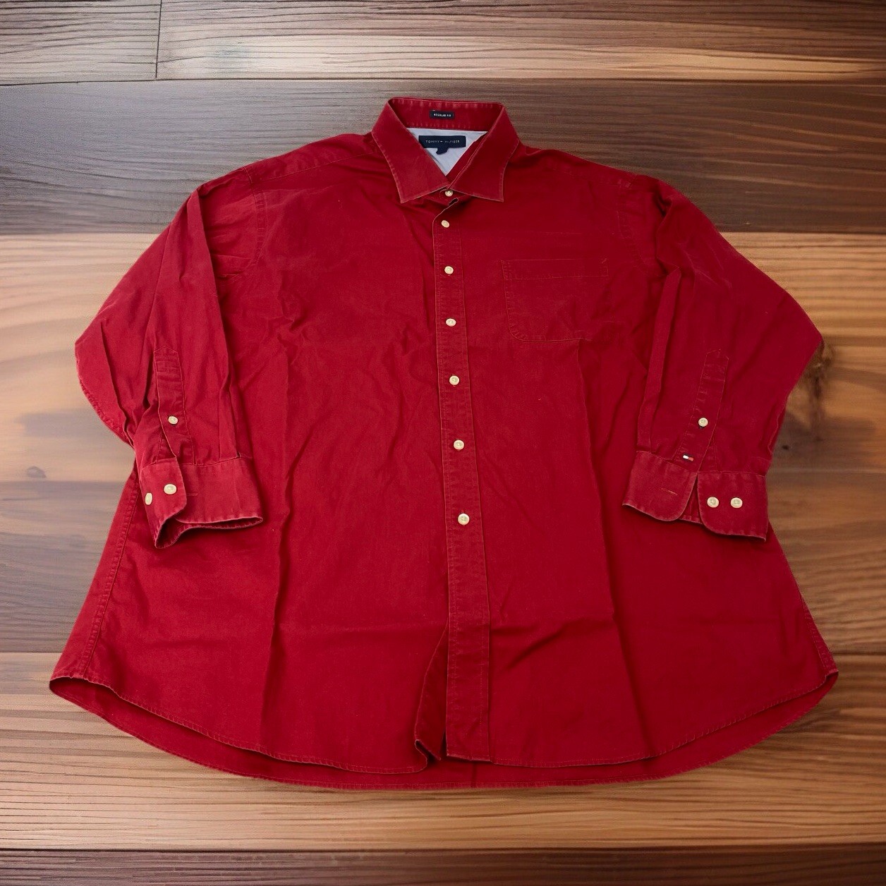 Tommy Hilfiger Men's XL Red Solid Button Down Shirt with Pocket