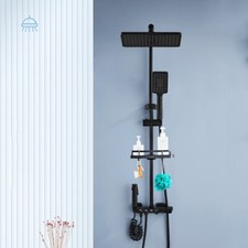 Black Shower Faucet Set Square Head Rainfall Sprayer Brass Mixer Tap With Shelf