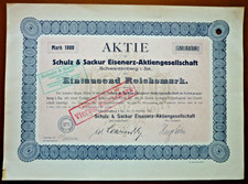 Schulz & Sackur Eisenerz-AG, Schwarzenberg i. Sa.  Aktie  1000 RM  1921