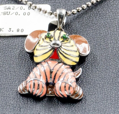0.04ctRound Tsavorite Sterling Silver in Pink and Brown Enamel Dog-Shape Pendant