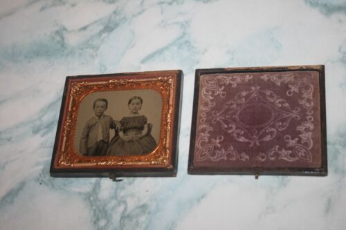 Antique Photograph Ambrotype Of Probably Brother & Sister Gold Highlights - Picture 1 of 4