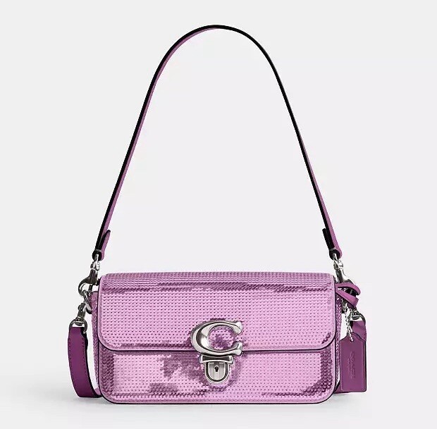 Coach Dark Magenta Studio Baguette Sequins Shoulder Bag