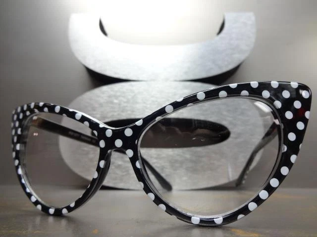 LENTES TRANSPARENTES ESTILO OJO DE GATO RETRO VINTAGE marco de lunares blanco y negro Foto 3 de 4