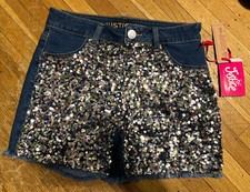 Justice Sequined Denim Girl's Midi Shorts Size:16 NEW NWT