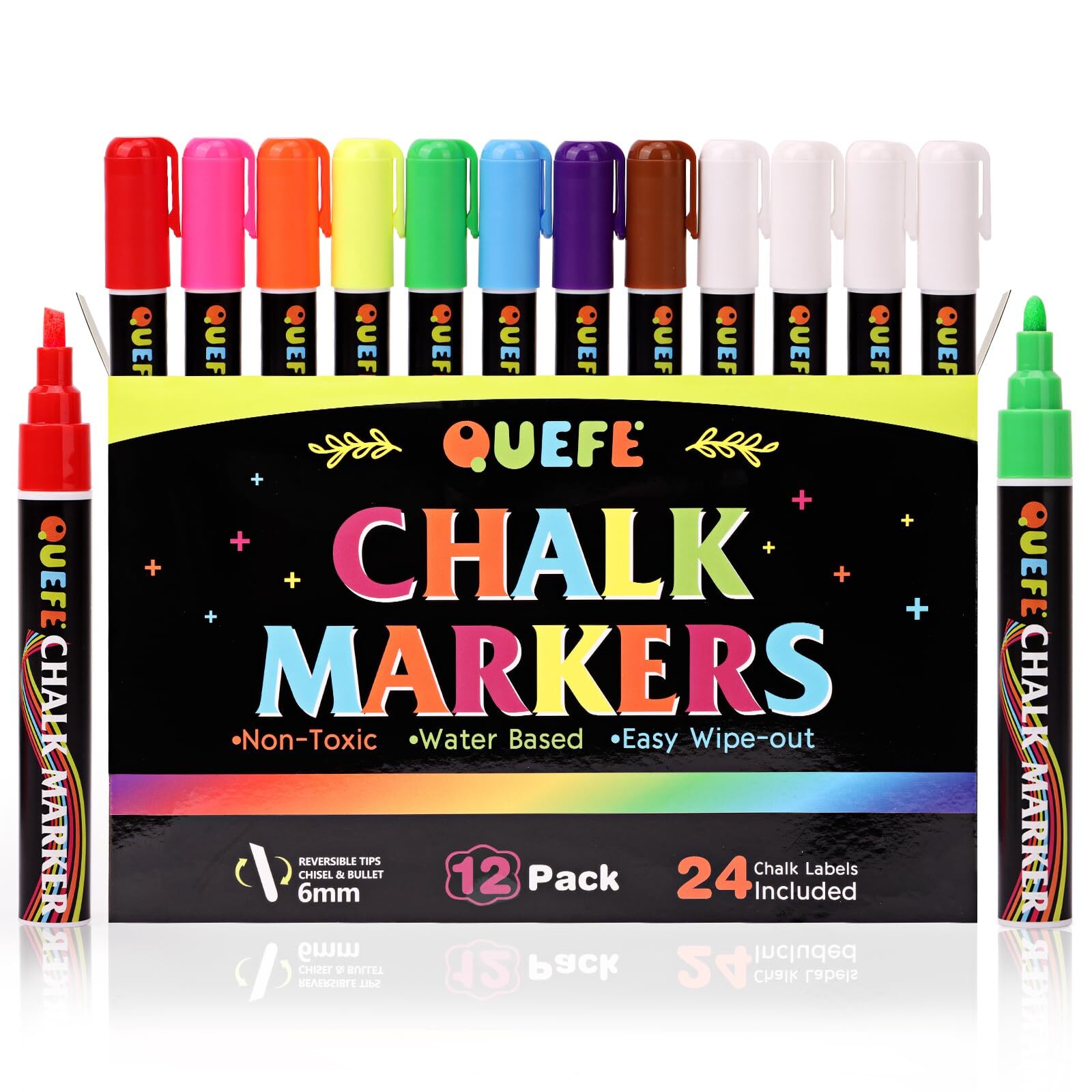 QUEFE Chalk Markers, 12pcs 6mm Liquid Chalkboard Markers Dry Erase Marker Pen...