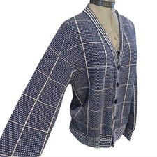 70s Vintage Jockey Mens Cardigan Sweater Large Blue Patterned Grandpa Hipster