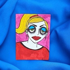 Original painting mini ACEO Blonde Girl Small art Ponytail Mini Red Lipstick