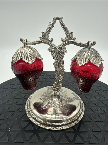 Vintage Japan Ruby Red Glass Hanging Strawberry Salt & Pepper Shakers