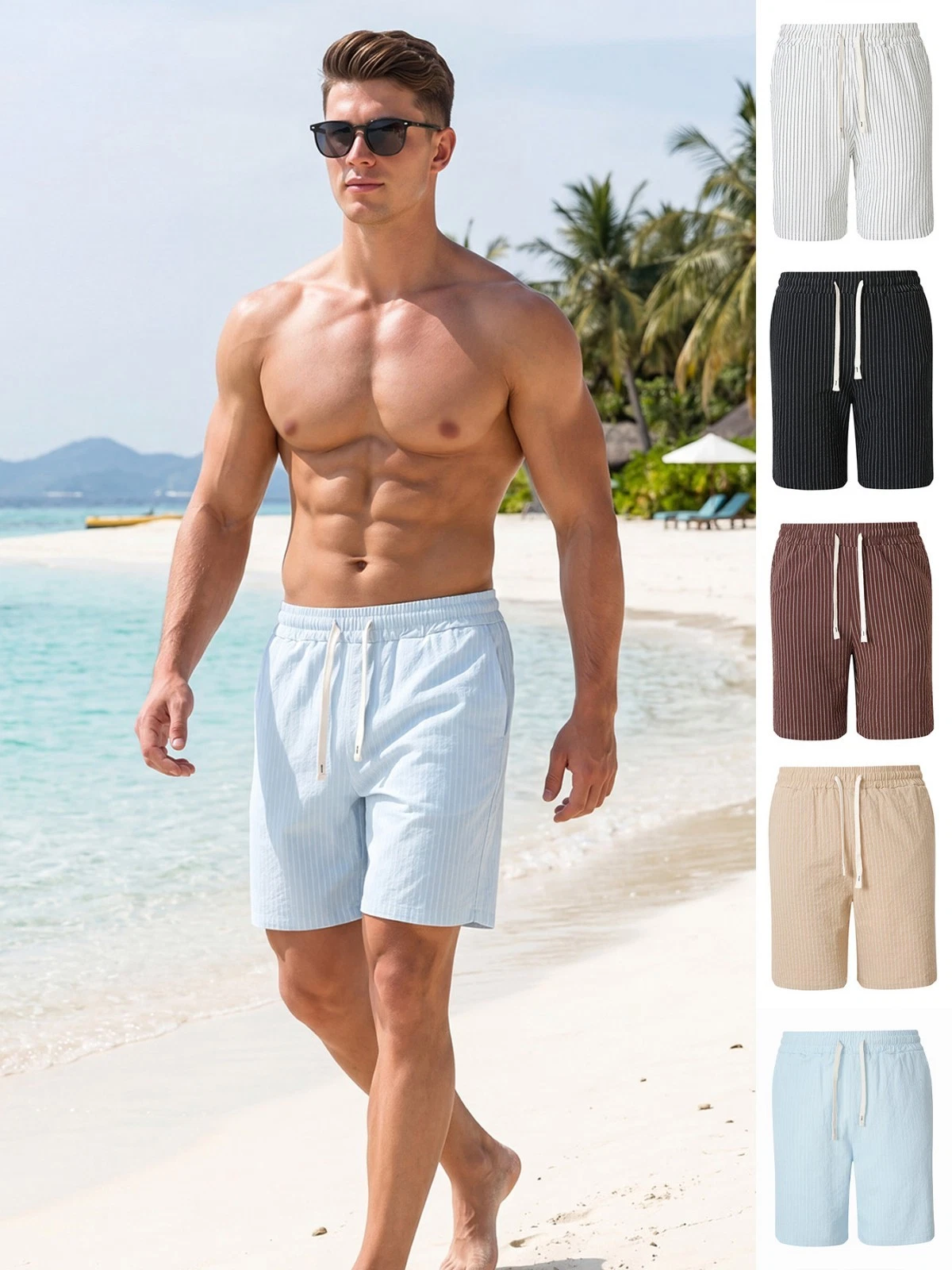 Summer New Men's Shorts Casual Sports Multi-color Striped Drawstring Pocket