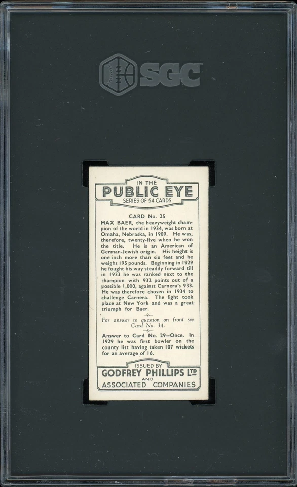 1935 Godfrey Phillips In The Public Eye Tobacco Max Baer #25 SGC 5 - Image 2 of 2