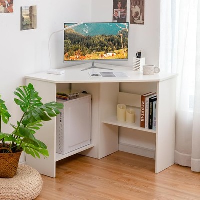 White Corner Desk 90 Degrees Triangle Computer Small Space Bedroom Makeup Vanity