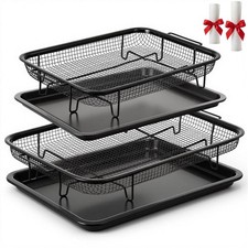 2 PCS Oven Air Fryer Basket Tray Set 15x11 & 12.8x9.6 Inch Black Stainless